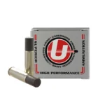 Underwood Ammo Lead Wide Flat Nose ammunition, silver box with one cartridge in front
