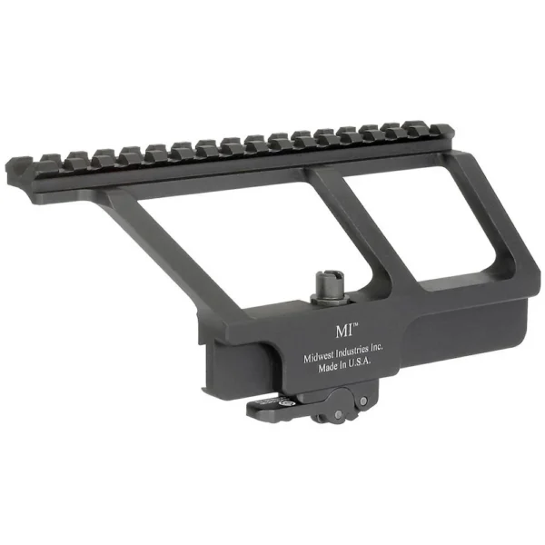 Midwest MI AK-47/AK-74 side railed scope mount, black left-side view with top rail