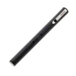 SABRE Pen Design Stun Gun Black, angled side view with silver pocket clip and two buttons