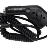 MOJO 12 V Car Charger, black plug with coiled cord and barrel connector