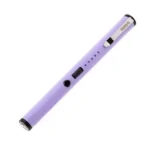 SABRE Pen Design Stun Gun Lavender, angled side view with silver pocket clip and black buttons