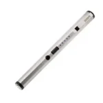 SABRE Pen Design Stun Gun Silver, angled side view with pocket clip and black buttons