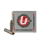 Underwood Ammo XTP silver ammunition box with two copper-tipped cartridges, front view