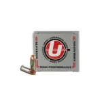 Underwood Ammo Xtreme Defender silver ammunition box with two cartridges, front view