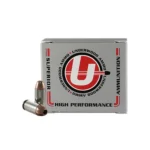 Underwood Ammo XTP Jacketed Hollow Point Handgun Ammunition, silver box and one cartridge