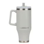 Rock Ridge Outdoors Mammoth Ascent light grey tumbler with handle, lid and straw, side view