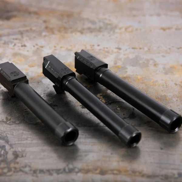 SilencerCo Threaded Barrel for Glock 17 Gen 1-4, three black barrels in angled front view