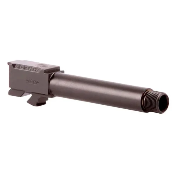 SilencerCo Threaded Barrel for Glock 43, black side view with threaded muzzle