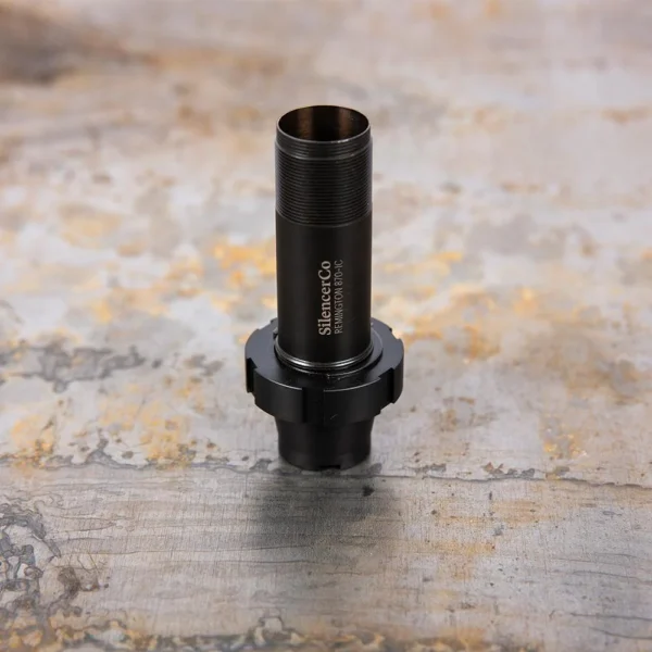 SilencerCo Echo Choke Adapter upright in black with threaded tube and flanged base