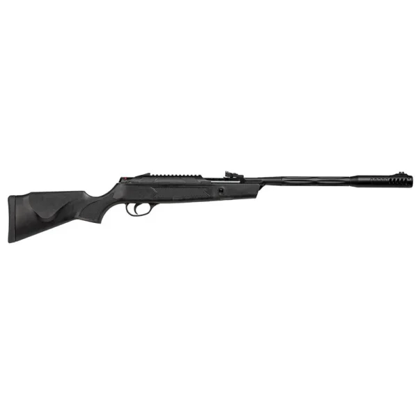 Hatsan Alpha Compact black airgun rifle, right-side view with synthetic stock and open sights