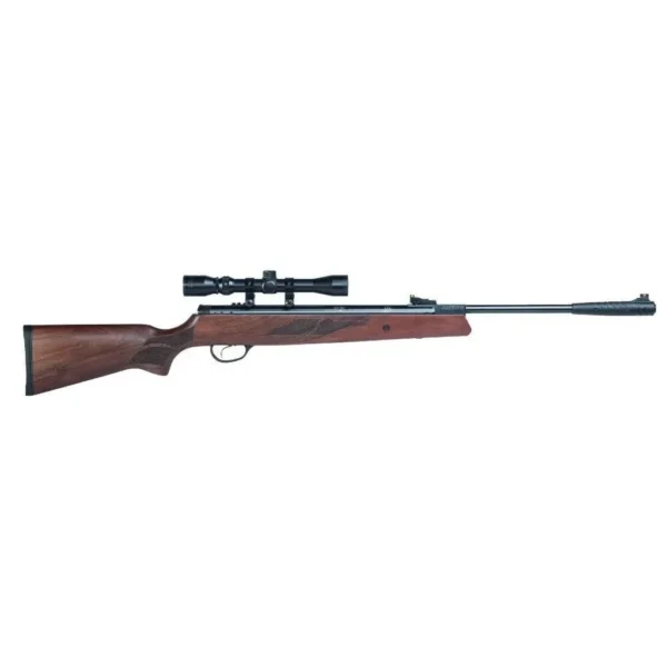 Hatsan Mod 95 Spring Combo Air Rifle, left-side view with walnut stock, black barrel and mounted scope