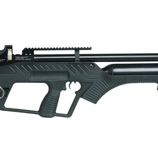 Hatsan BullMASTER black bullpup airgun, right-side view with long barrel and angular stock