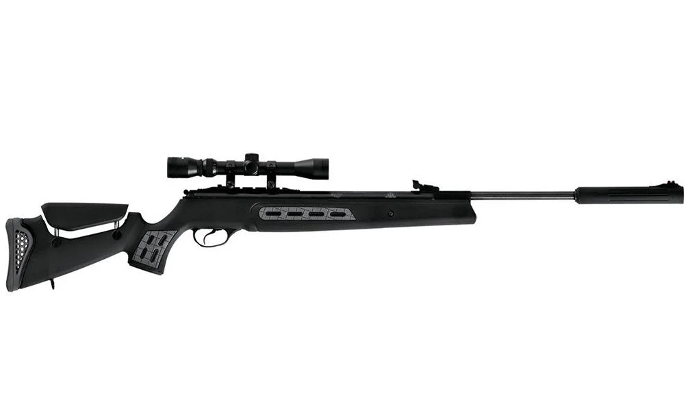 primary-43853 Hatsan Mod 125 Spring Sniper Combo, black side view with mounted scope and skeletonized stock