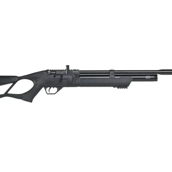 Hatsan Flash QE black left-side view with skeleton stock, long barrel and mounted air cylinder