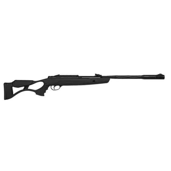 Hatsan AirTact ED Combo, black right-side view with skeletonized polymer stock and long barrel