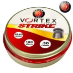 Hatsan USA Vortex Strike pellets, top view of red and cream round tin with pellet graphic