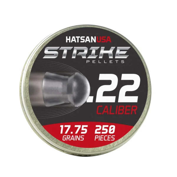 Hatsan USA Vortex Strike Pellets, top view of round tin with black, silver and red label