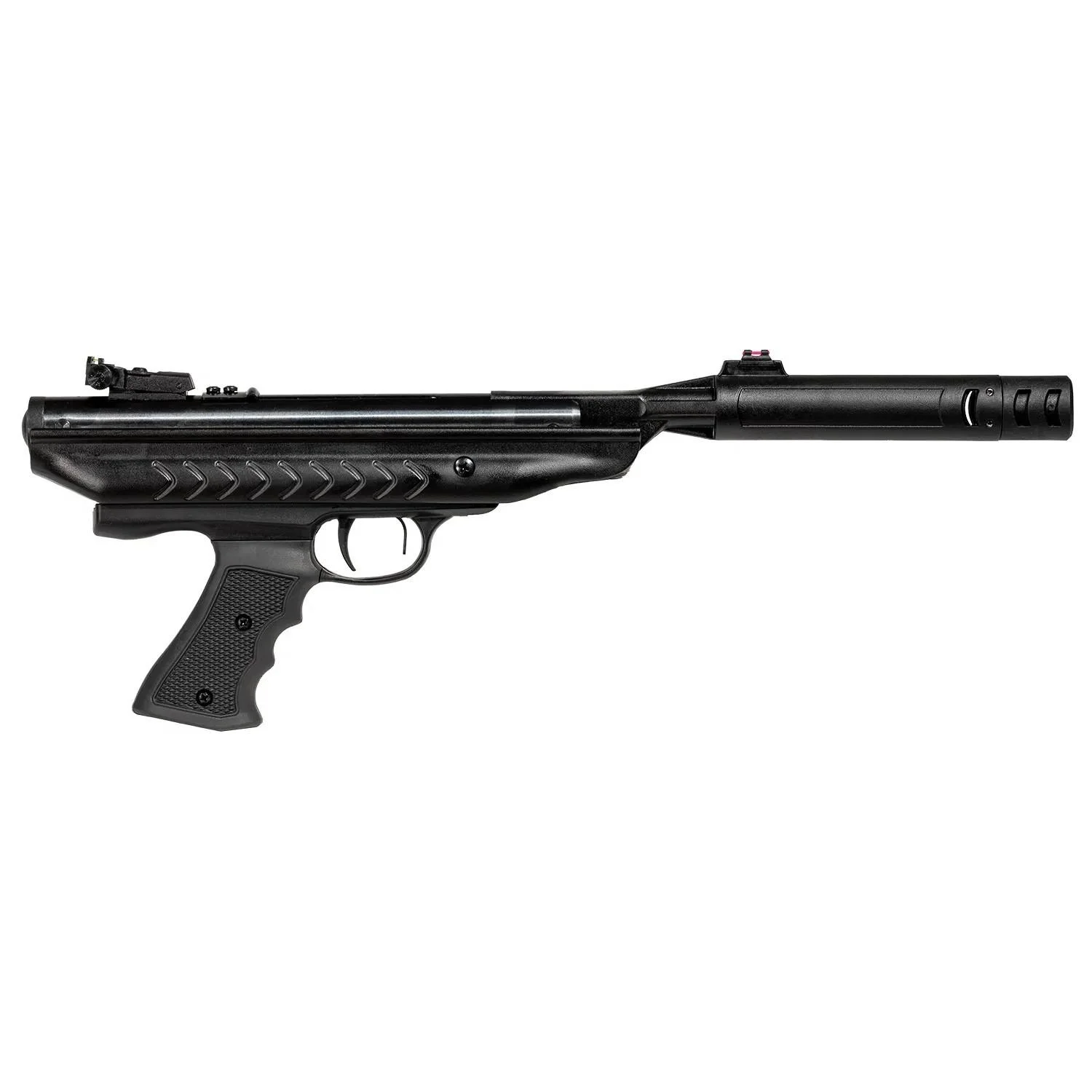primary-43886 Hatsan SuperCharger QE Air Pistol, black side view with synthetic grip and long muzzle device