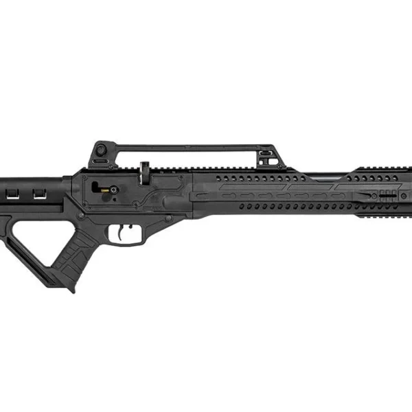 Hatsan Invader Auto airgun, left-side view in black with skeleton stock, carry handle and long barrel