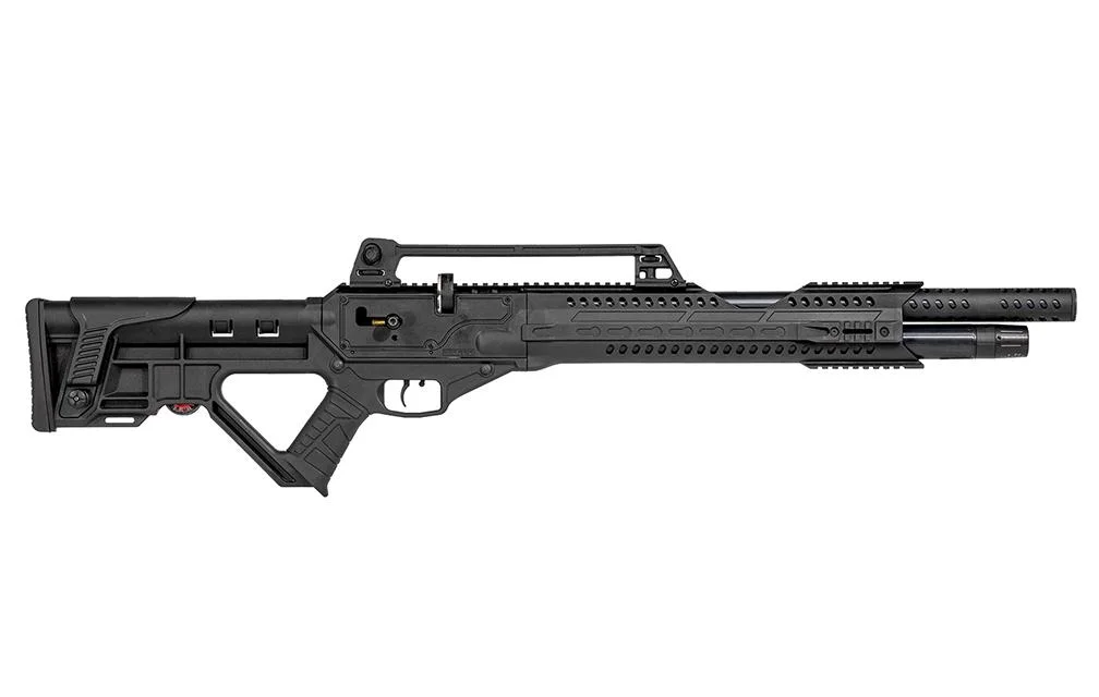 primary-43897 Hatsan Invader Auto airgun, left-side view in black with skeleton stock, carry handle and long barrel