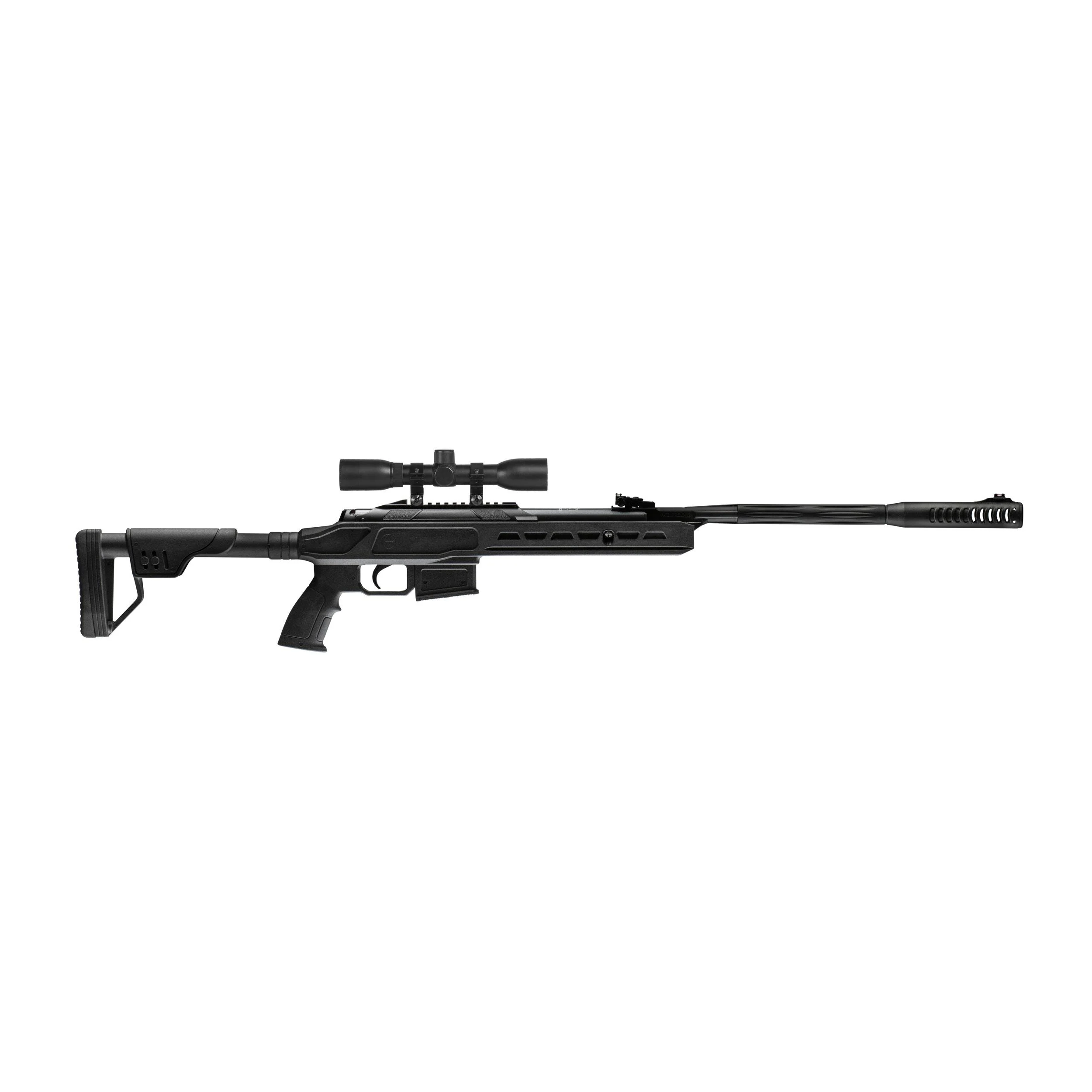 primary-43905 Hatsan Zada black air rifle, right-side view with stock, mounted optic and long barrel