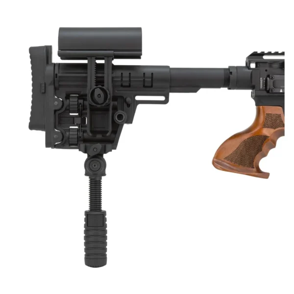 Hatsan Factor Sniper Long Airgun, partial right-side view with black stock and wood grip
