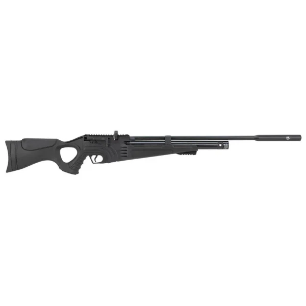 Hatsan Flash-R QE black air rifle shown from the right side with thumbhole stock and long barrel