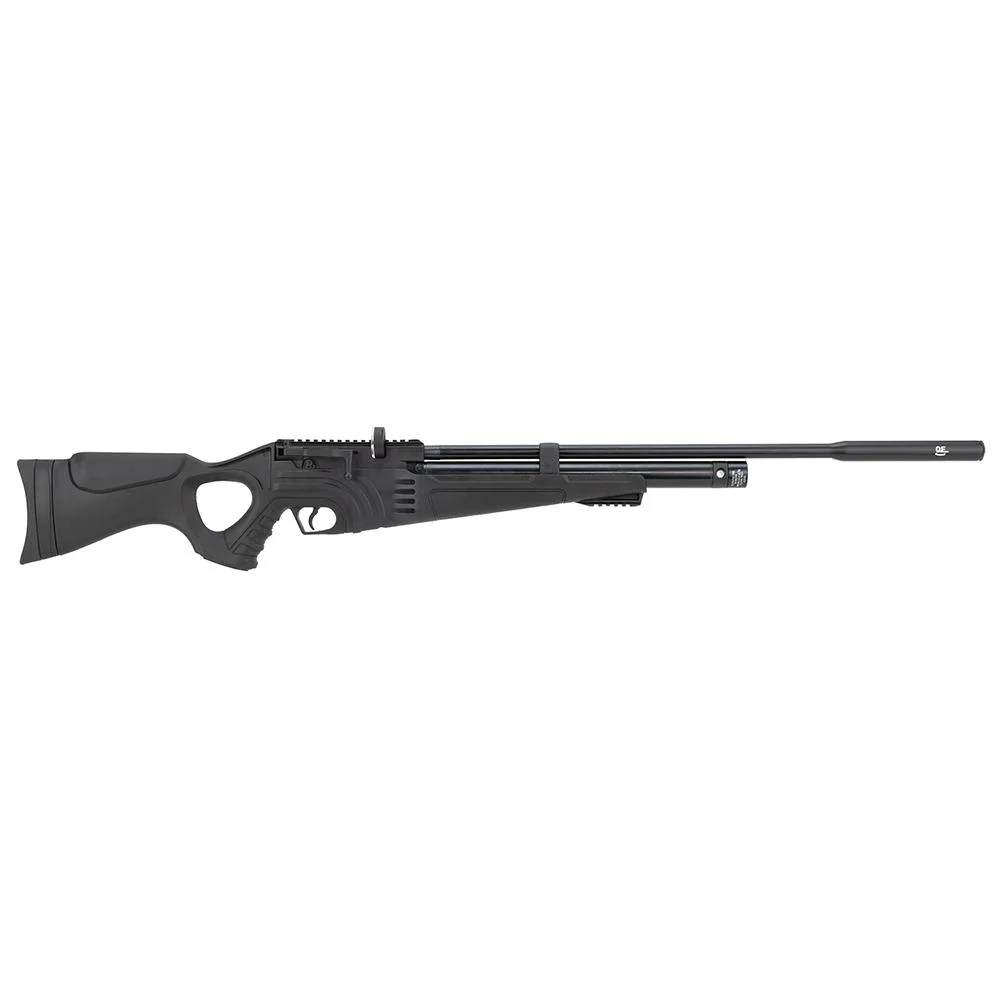 primary-43910 Hatsan Flash-R QE black air rifle shown from the right side with thumbhole stock and long barrel