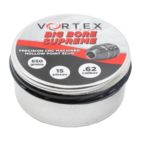 Hatsan USA / Escort Shotguns Vortex Big Bore Supreme pellets, silver round tin in angled front view
