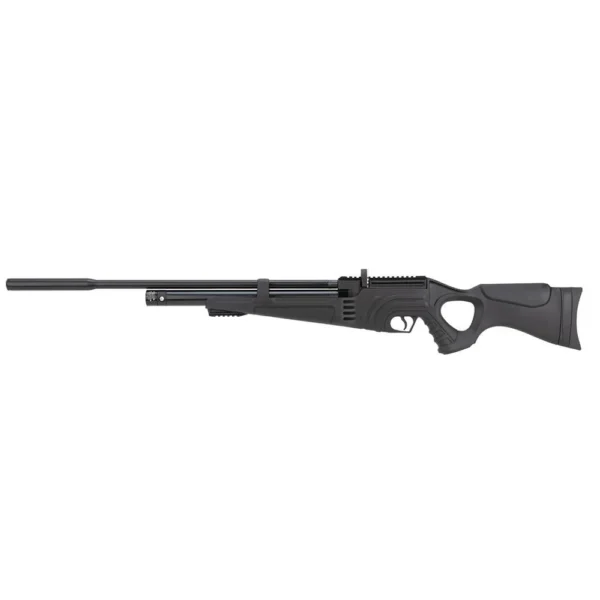 Hatsan Flash-R QE Air Rifle, black right-side view with long barrel and thumbhole stock