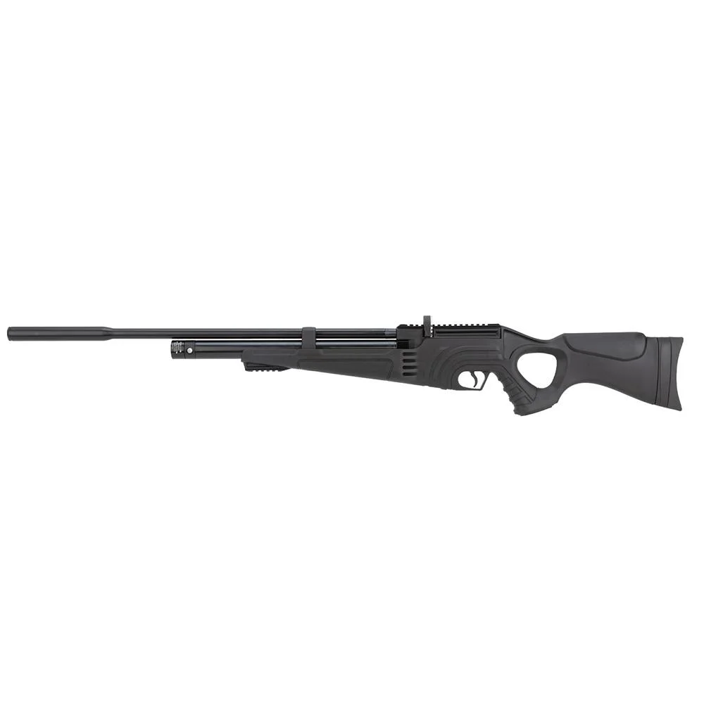 primary-43918 Hatsan Flash-R QE Air Rifle, black right-side view with long barrel and thumbhole stock