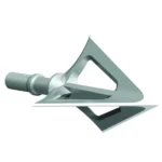 G5 Outdoors Montec Broadhead, silver three-blade broadhead in angled side view