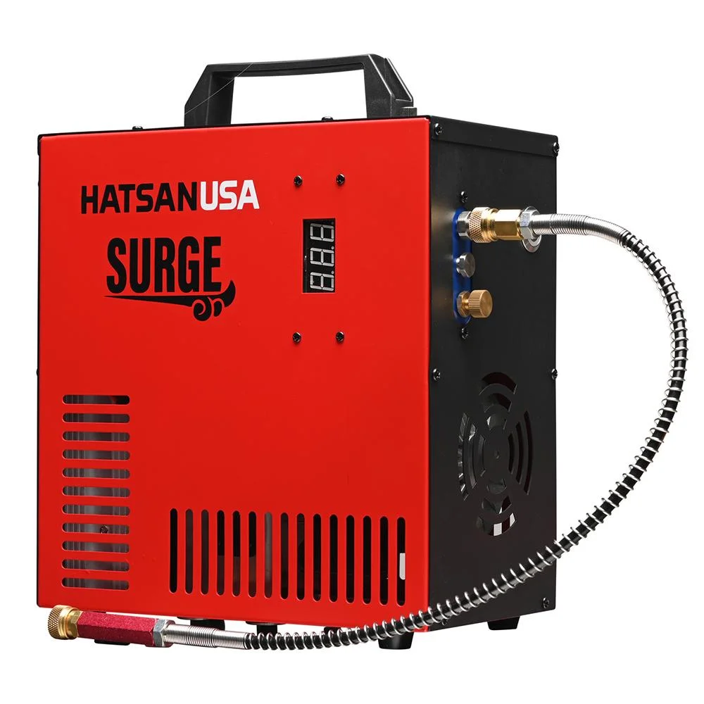 primary-43943 Hatsan SURGE PCP Air Compressor red and black unit with handle, display and braided hose