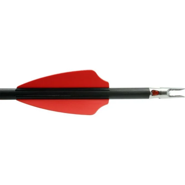 Feradyne Outdoors Axe Crossbows Bolt Combo Pack, close-up of black bolt with red vane and light nock