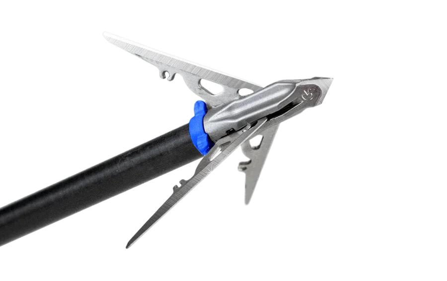 primary-43957 G5 Outdoors Expandable Megameat broadhead, angled close-up with three open blades