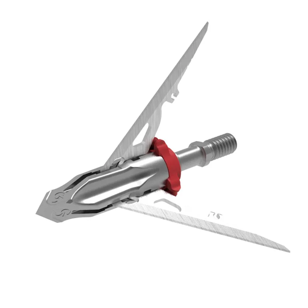 primary-43963 G5 Outdoors Megameat 3 Blade Broadhead Crossbow, angled view with silver blades and red collar