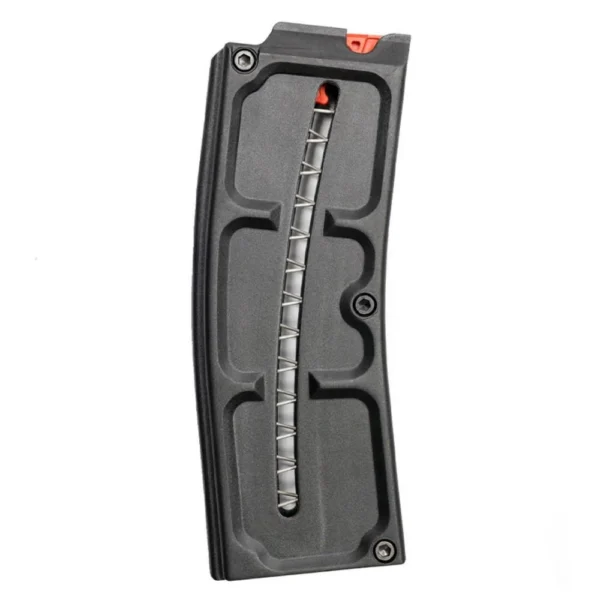 Franklin Armory F17 Magazine, black curved magazine with visible spring and orange follower