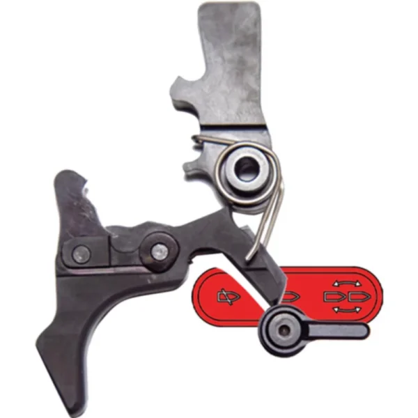 Franklin Armory BFSIII PC-CI Binary Trigger, side view with black trigger parts and red selectors