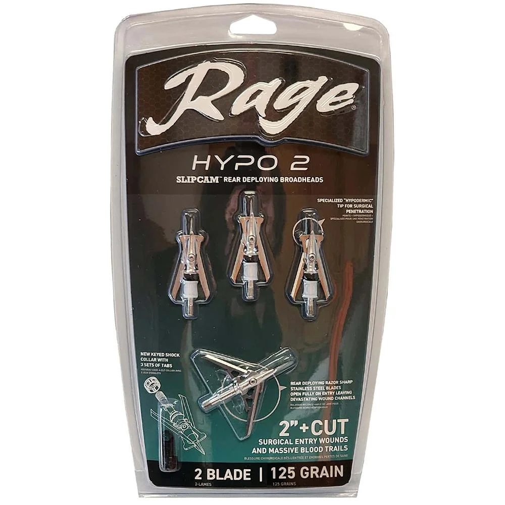 primary-43980 Feradyne Outdoors Rage Hypo 2 Broadheads, front view in clear retail packaging