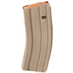 ASC AR Family Rifle Magazine, curved dark earth side view with orange follower visible