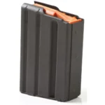 ASC AR Family Rifle Magazine black metal magazine, angled side view with orange follower