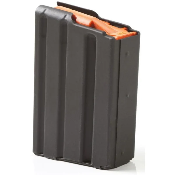 ASC AR Family Rifle Magazine black metal magazine, angled side view with orange follower