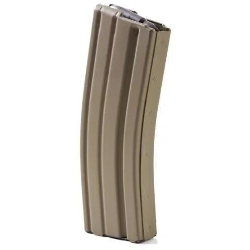ASC AR Family Rifle Magazine, angled front view in dark earth with curved metal body