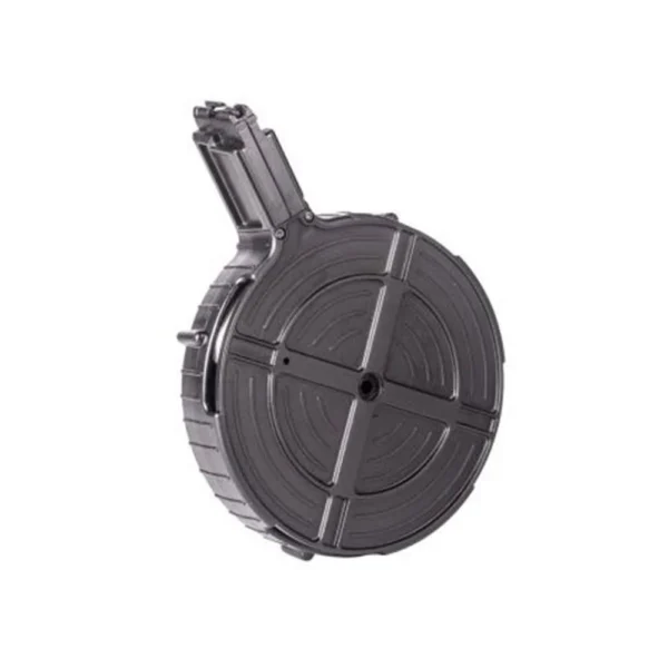 American Tactical Inc-ATI ATI GSG-16 Rifle Magazine Drum, angled view in translucent black