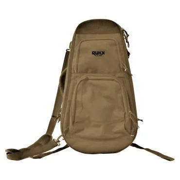 American Tactical Inc ATI RUKX tan pistol bag, front view with shoulder strap and zippered pockets