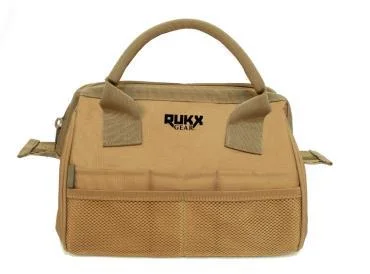 American Tactical ATI Rukx Gear Tool Bag in tan, front view with handles and mesh pocket