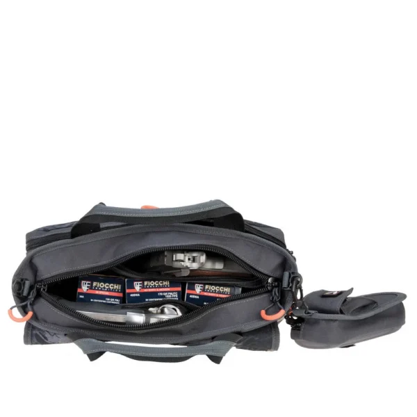 G-Outdoors Double Pistol Range Bag, grey open front view with interior storage and case