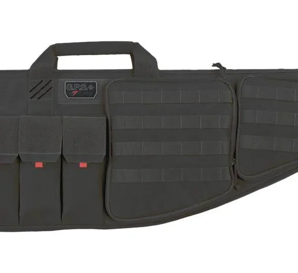 G-Outdoors Tactical AR Case, black side view with carry handle and external zippered pouches