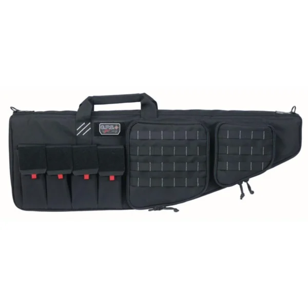 G-Outdoors Tactical AR Case with External Handgun Case 32-inch Black, front view with handles and pockets