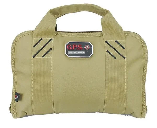 G-Outdoors Double Pistol Case, front view of tan zippered case with carry handles
